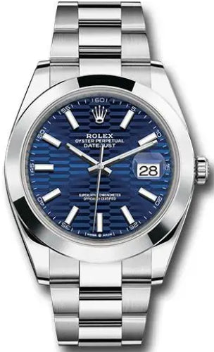 Rolex Datejust 41 Stainless Steel Bright Blue Fluted Motif Index Dial Smooth Bezel Oyster Bracelet - 126300