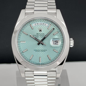 Rolex 950 Platinum Day-Date 40 Watch - Smooth Bezel - Ice Blue Diagonal Motif Index Dial - President Bracelet - 228206 ibdmip (Copy)