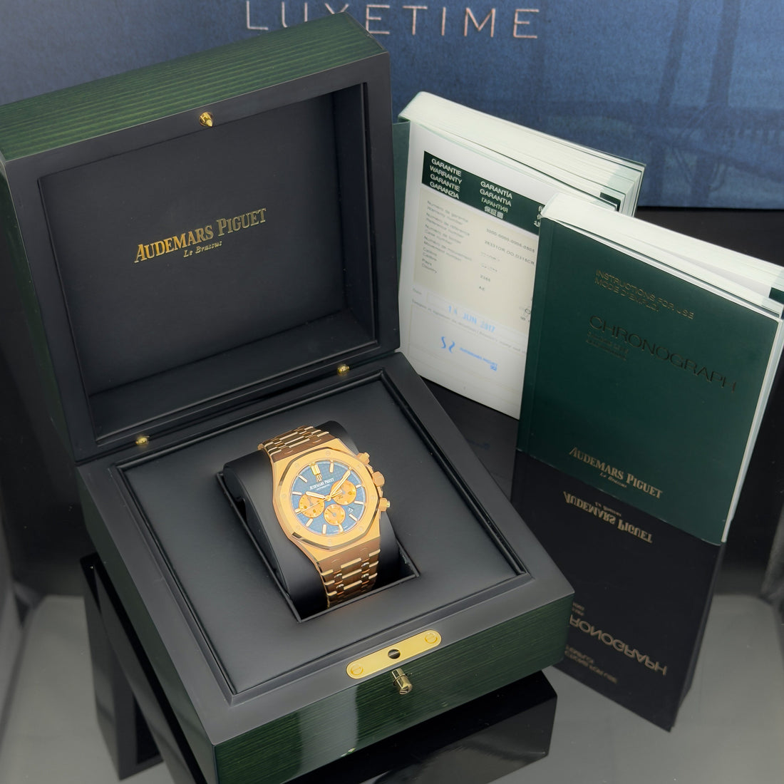 2017 Audemars Piguet Royal Oak Chronograph 41MM 18k Rose Gold Blue Dial Box Papers 26331OR.OO.D315CR.01