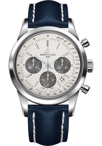 Breitling Transocean Chronograph Watch - Steel - Mercury Silver Dial - Blue Leather Strap - Folding Buckle - AB015212/G724/112X/A20D.1