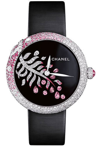 Chanel Mademoiselle Prive Automatic Watch - White Gold Diamond Case - Grand Feu Black Enamel Diamond Dial - Black Satin Strap - H3098