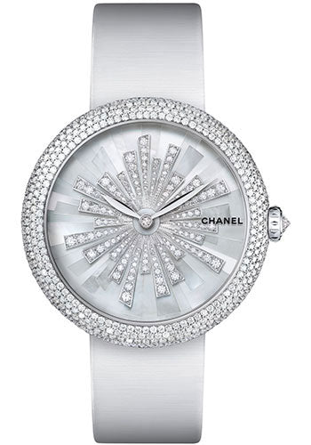 Chanel Mademoiselle Prive Automatic Watch - White Gold Diamond Case - Pearl Marquetry And Sun Motif Diamond Dial - White Satin Strap - H4530