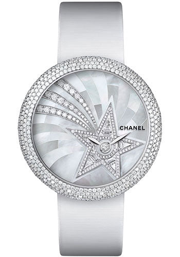 Chanel Mademoiselle Prive Quartz Watch - White Gold Diamond Case - Pearl Marquetry And Comet Motif Diamond Dial - White Satin Strap - H4531