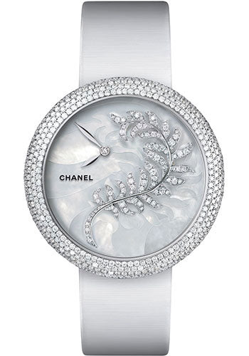 Chanel Mademoiselle Prive Quartz Watch - White Gold Diamond Case - Mother Of Pearl Marquetry And Feather Motif Diamond Dial - White Satin Strap - H4587
