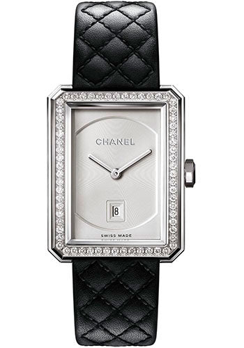 Chanel BOYFRIEND Quartz Watch - Medium Steel Case - Diamond Bezel - Opaline Dial - Black Strap - H6402