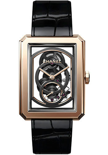 Chanel BOYFRIEND Skeleton Manual-Wind Watch - Large Beige Gold Case - Black Strap - H6594