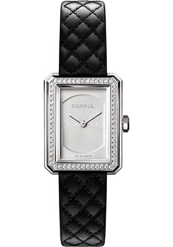 Chanel BOYFRIEND Quartz Watch - Small Steel Case - Diamond Bezel - Opaline Dial - Black Strap - H6955
