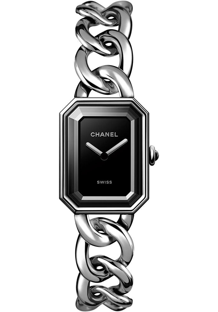 Chanel Premiere Gourmette Chain Quartz Watch - Large Steel Case - Black Dial - Steel Chain Bracelet - H7018