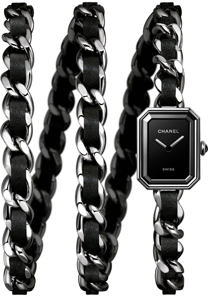 Chanel Premiere Iconic Chain Quartz Watch - Steel Case - Black Dial - Triple Row Steel Chain Bracelet Interwoven With Black Leather Strap - Triple Row Steel Chain Bracelet - H7023