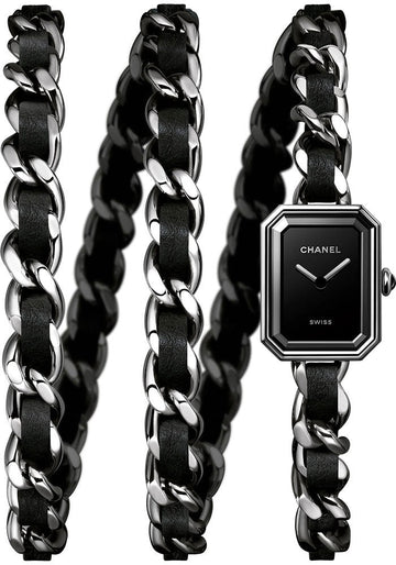 Chanel Premiere Iconic Chain Quartz Watch - Steel Case - Black Dial - Triple Row Steel Chain Bracelet Interwoven With Black Leather Strap - Triple Row Steel Chain Bracelet - H7023