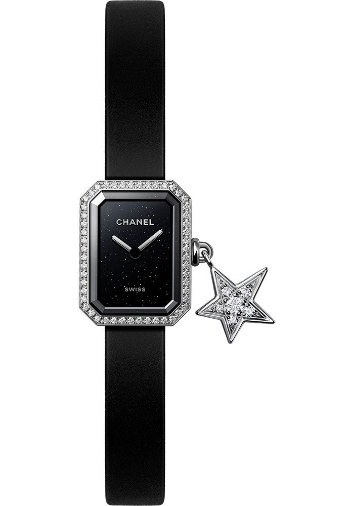 Chanel Premiere LUCKY STAR Quartz Watch - Steel Diamond Case - Aventurine Effect Black Glittery Dial - Black Rubber Strap - H7943