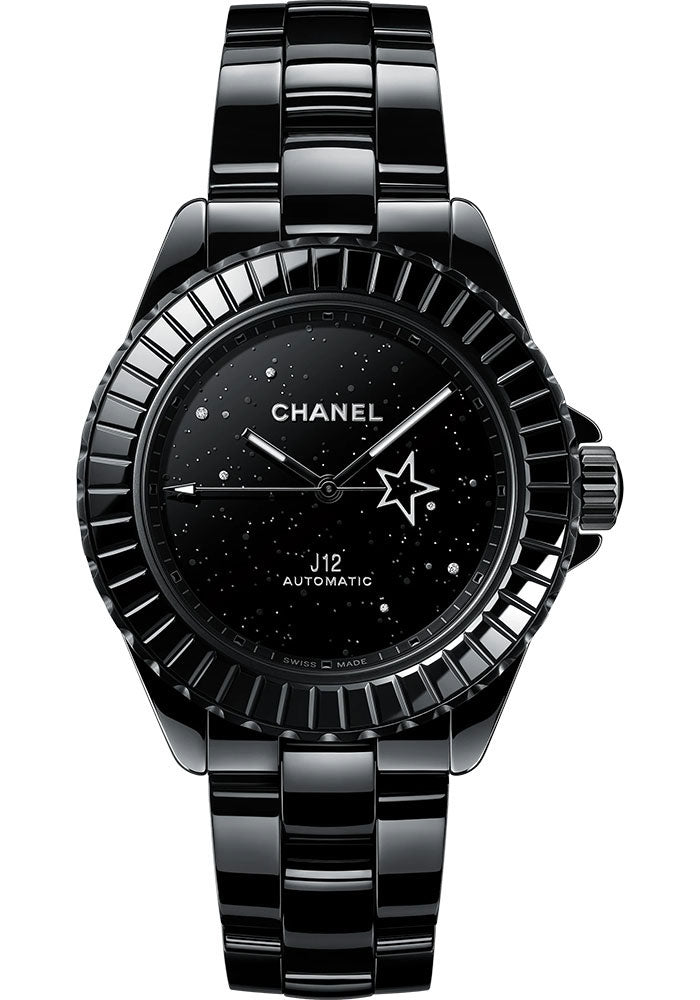 Chanel J12 INTERSTELLAR Automatic Watch - 38mm Black Ceramic And Steel Case - Aventurine Effect Black Glittery Diamond Dial - Black Ceramic Bracelet - H7989