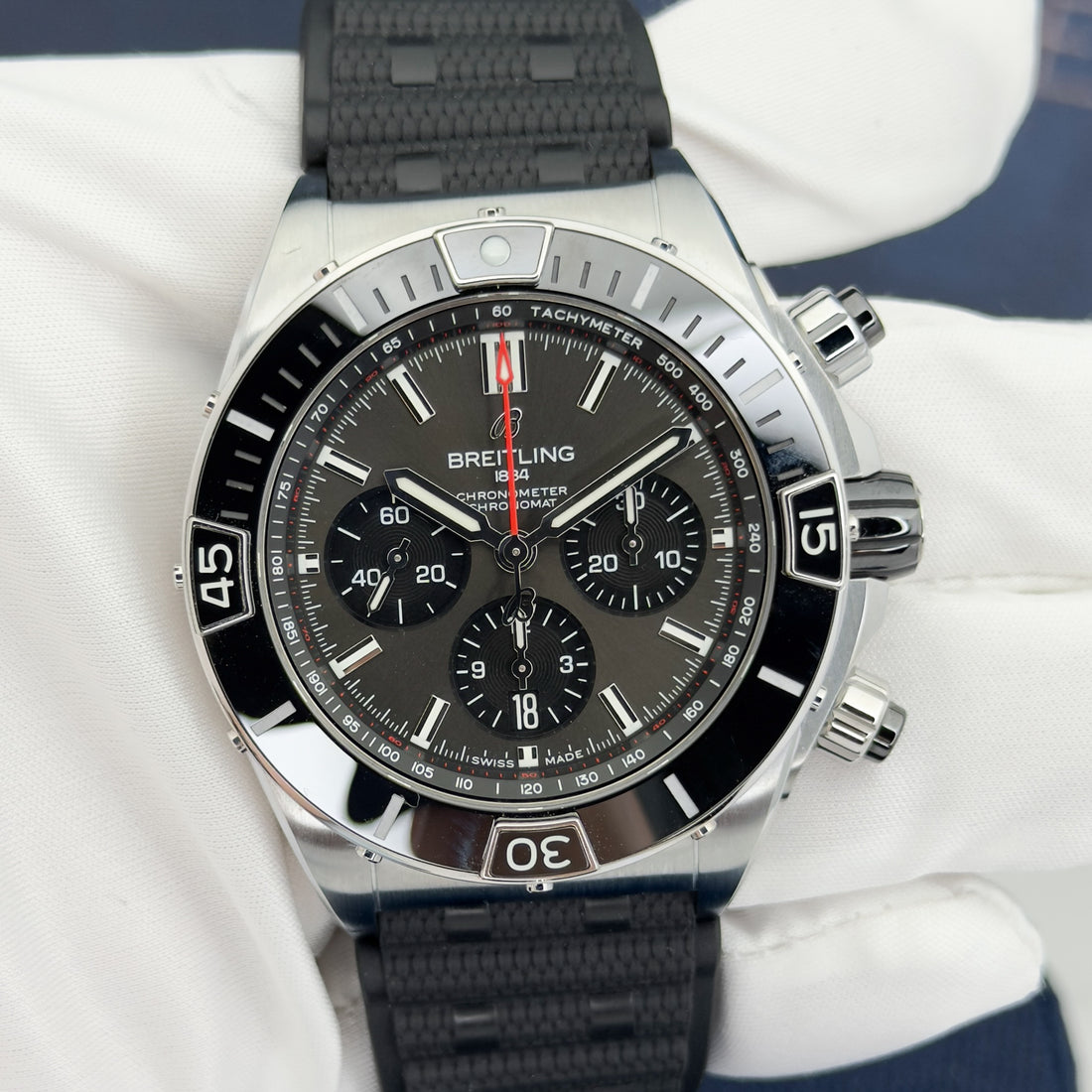 Breitling Super Chronomat B01 44 Watch - Stainless Steel - Black Dial - Black Rubber Strap - Folding Buckle - AB0136251B2S1