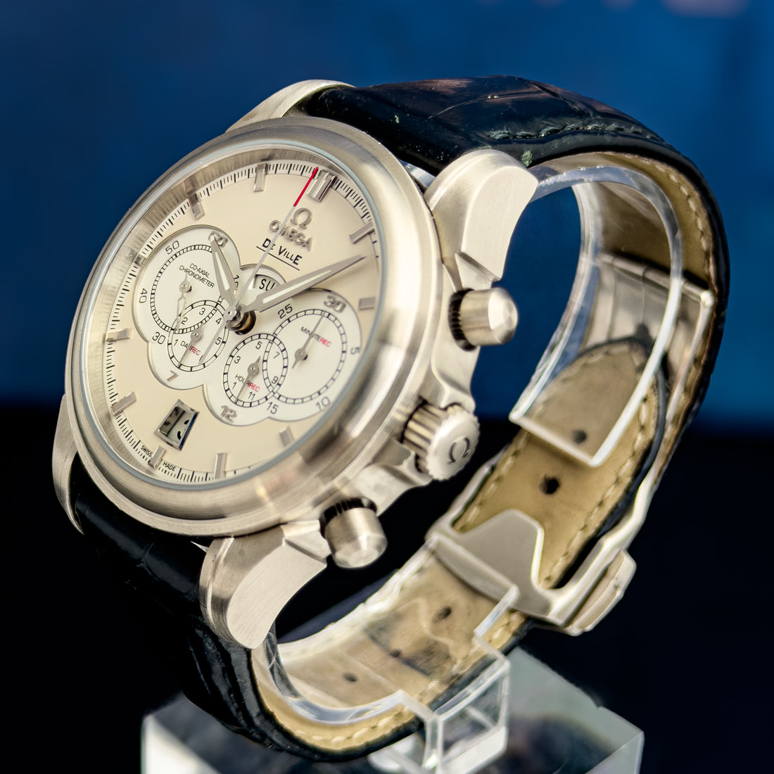 Omega De Ville 4 Counters Chronograph White Gold 41MM Ivory Dial Leather Strap