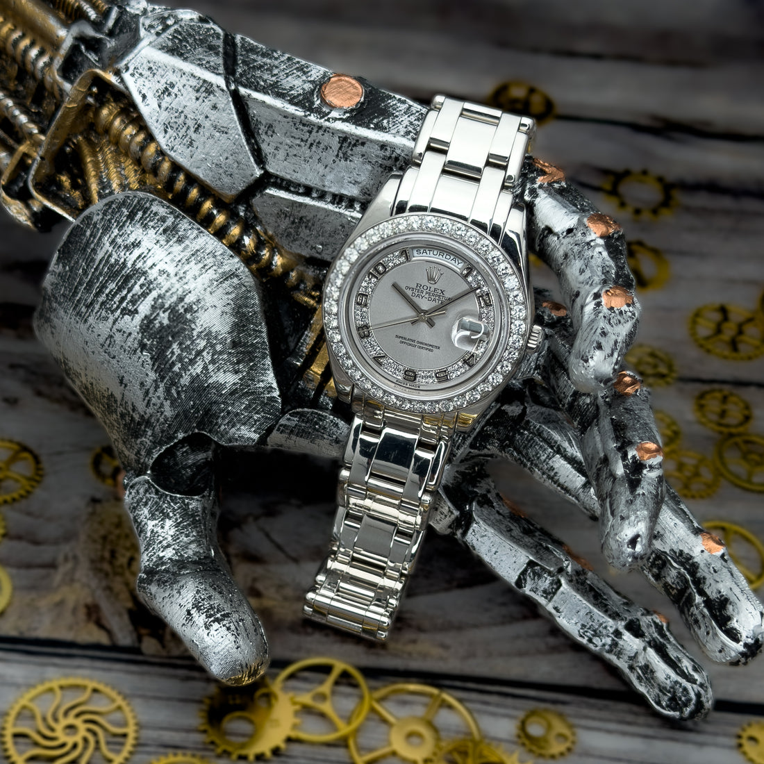 Rolex Day-Date Masterpiece Ref. 18946 Platinum 39mm Diamond-Set Silvered Dial Baguette Diamond Markers Pearlmaster Bracelet