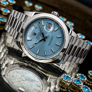 Rolex Day-Date 40 228206 950 Platinum Ice Blue Diagonal Motif President Bracelet