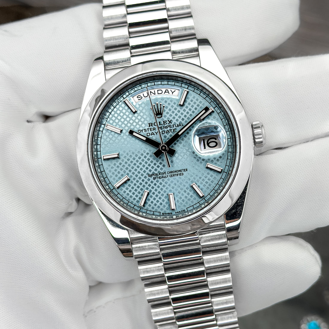 Rolex Day-Date 40 228206 950 Platinum Ice Blue Diagonal Motif President Bracelet