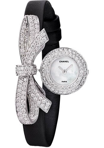 Chanel Ruban Jewelry Quartz Watch - Ribbon Motif - White Gold Case - Black Satin Strap - J11129