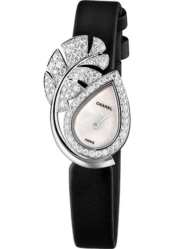 Chanel Plume de CHANEL Jewelry Watch - Feather Motif - White Gold Case - Black Satin Strap - J11762
