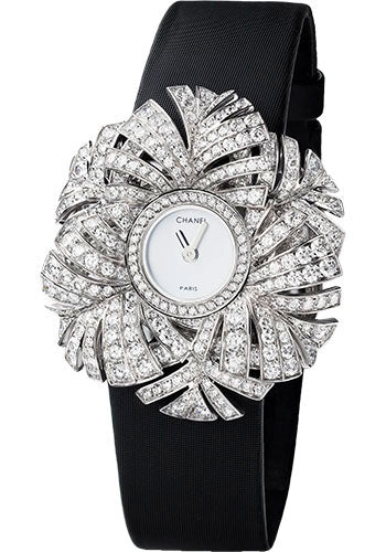 Chanel Plume de CHANEL Jewelry Watch - Plume Panache Motif - White Gold Case - Black Satin Strap - J3545