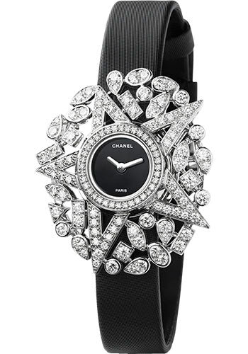 Chanel Comete Jewelry Watch - Star Motif - White Gold Case - Black Satin Strap - J60503