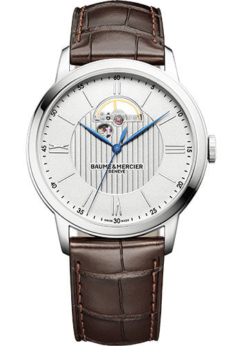 Baume & Mercier Classima Automatic Watch - Open Balance - 42 mm Steel Case - Silver Dial - Dark Brown Alligator Strap