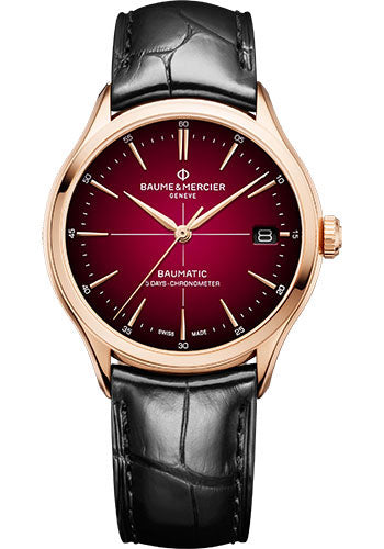 Baume & Mercier Clifton Automatic Watch - COSC Certified - Date - 39mm 18K Pink Gold Case - Shading Lacquered Dial - Black Alligator Strap