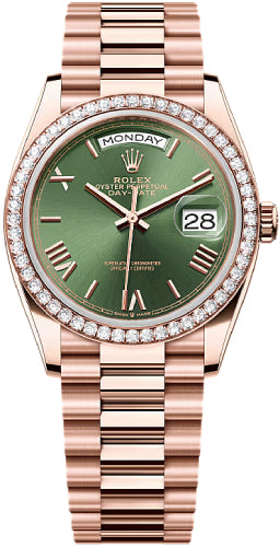 Rolex Day-Date 36mm Olive Green Dial Diamond-Set Bezel President Bracelet - 128345RBR - 2025